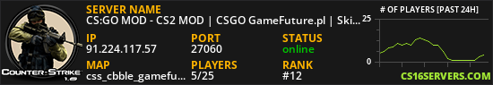 CS:GO MOD - CS2 MOD | CSGO GameFuture.pl | Skiny | Klany | Operacje | Skrzynie | Klucze | Rangi | Leczenie | Jackpot | FREE VIP | VIP/SVIP | StatTrak | Eventy